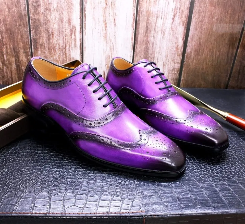 Single Season Dress Shoes for Men Lace Up Brogue Embossed Wing-tip Square Toe Cowhide Anti-Slip Non Slip Block Heel Slip Resistant Rubber Sole Business Very Popular Among Young People