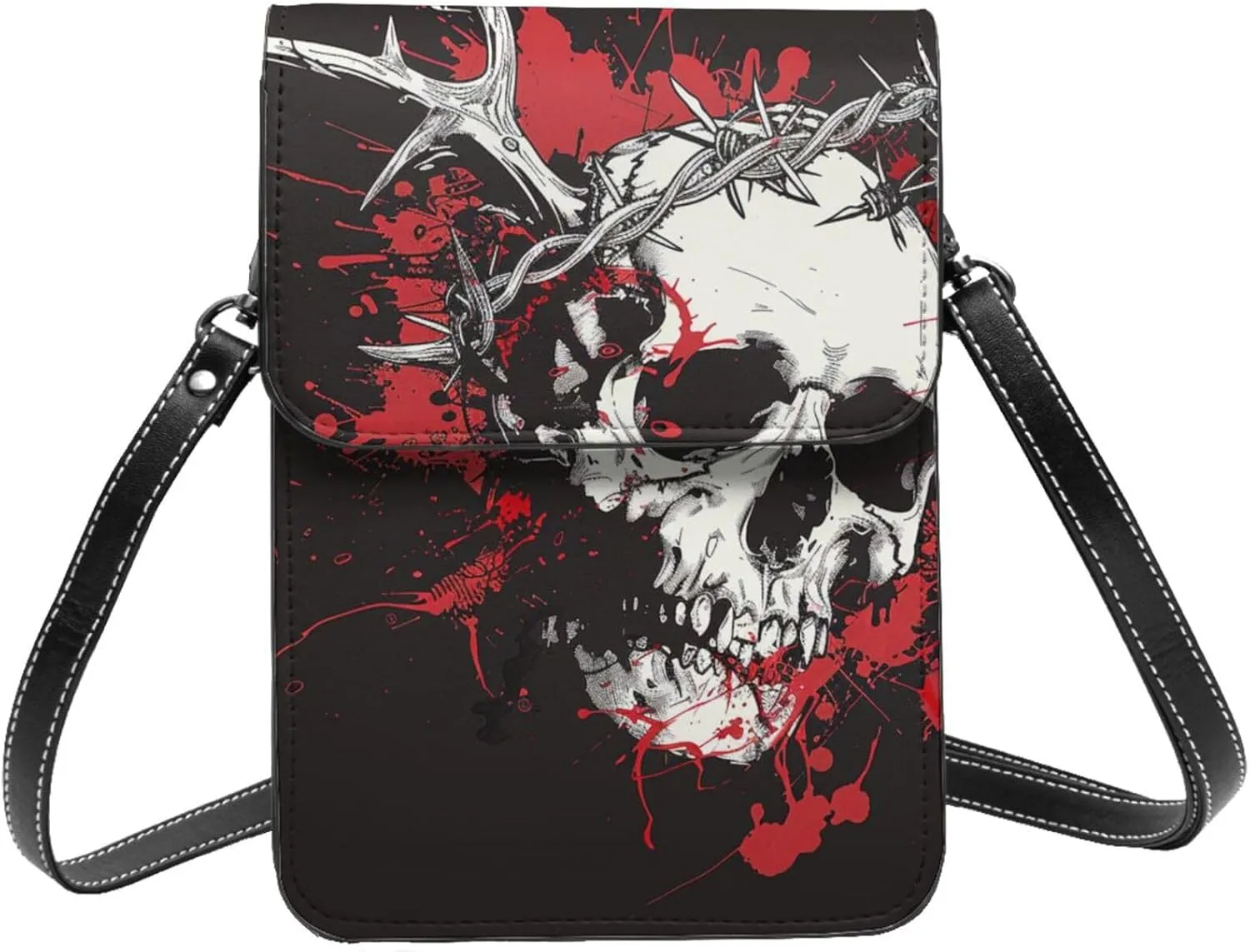 skull crown of thorns graffiti Dead dark fantasy abstract Leather Small Crossbody Bags for Women Cell Phone Bag Wallet Purses with Adjustable Strap