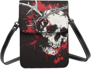 skull crown of thorns graffiti Dead dark fantasy abstract Leather Small Crossbody Bags for Women Cell Phone Bag Wallet Purses with Adjustable Strap