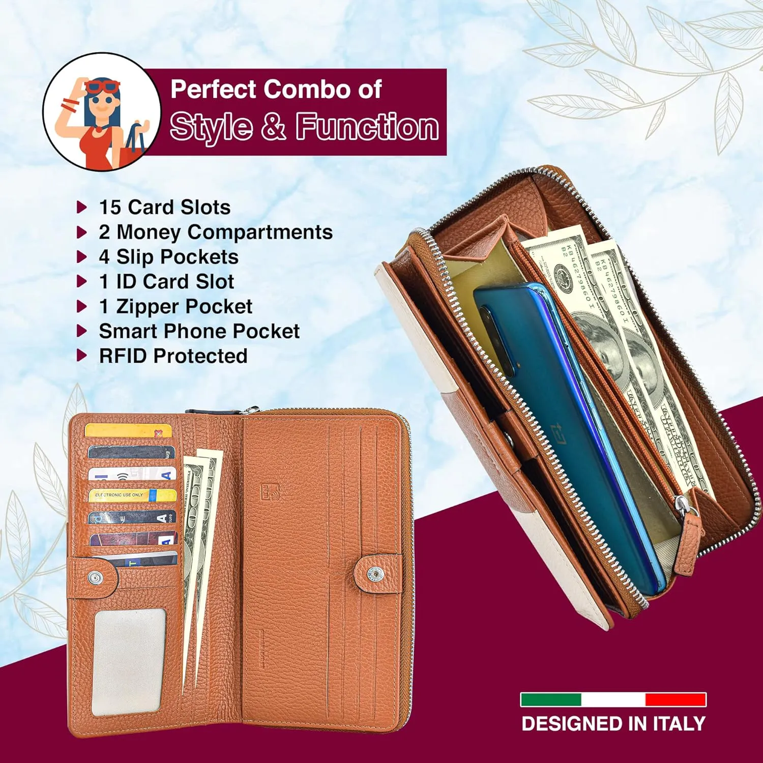 SKYLE Ladies Purse Handbag, Pure Leather Wallet for Women, RFID Wallet for Women Stylish, Women Clutch Purse, 15 4 Card Slots