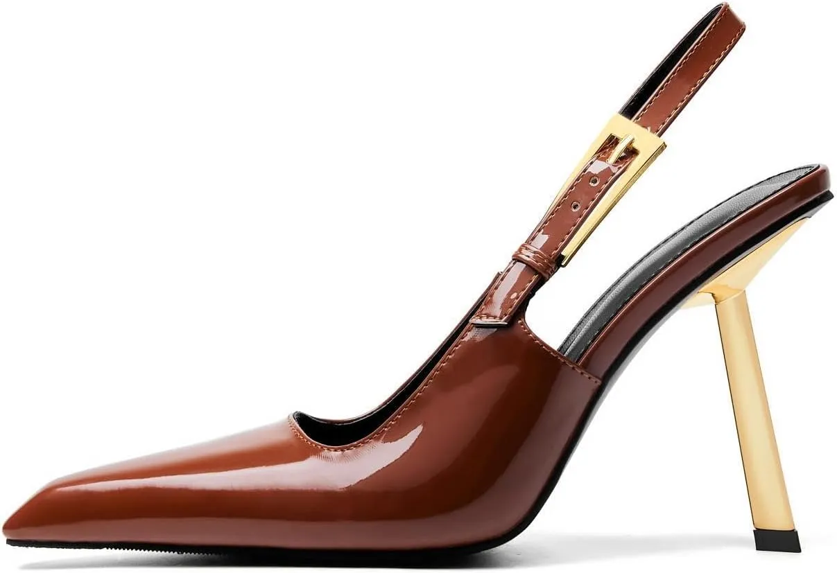 Slingback Pointed Closed Toe Stiletto High Heels Pumps for Women Ankle Strap Metal Buckle Backless Patent Leather Slip-on Banquet Dress Sandals Shoes