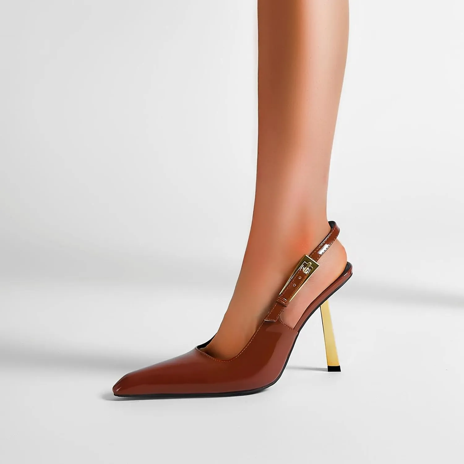 Slingback Pointed Closed Toe Stiletto High Heels Pumps for Women Ankle Strap Metal Buckle Backless Patent Leather Slip-on Banquet Dress Sandals Shoes