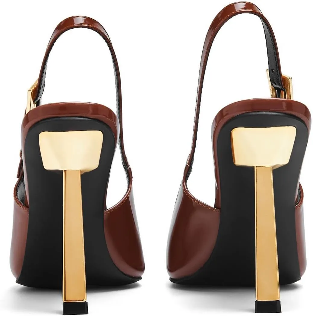 Slingback Pointed Closed Toe Stiletto High Heels Pumps for Women Ankle Strap Metal Buckle Backless Patent Leather Slip-on Banquet Dress Sandals Shoes