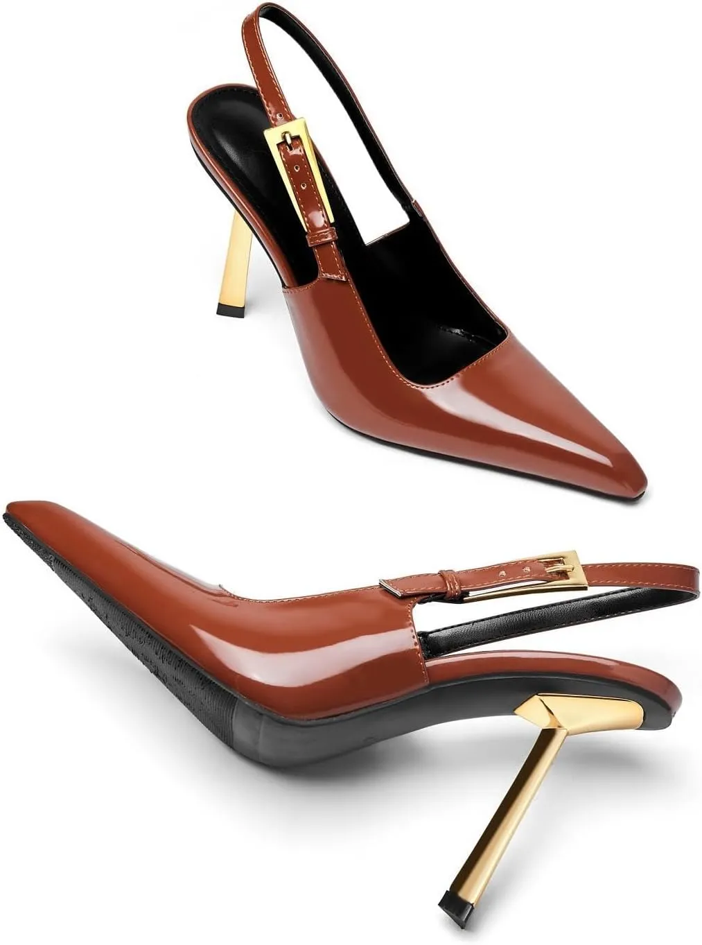 Slingback Pointed Closed Toe Stiletto High Heels Pumps for Women Ankle Strap Metal Buckle Backless Patent Leather Slip-on Banquet Dress Sandals Shoes