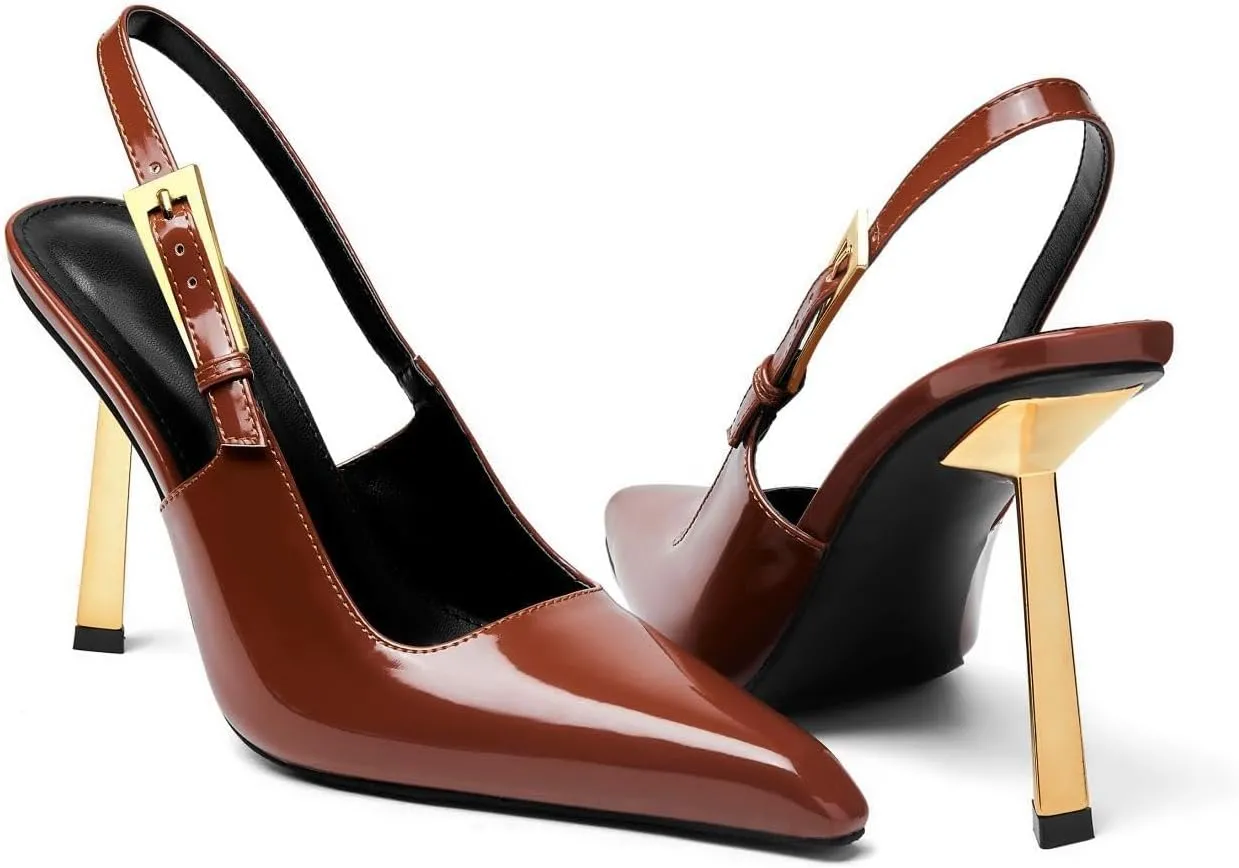 Slingback Pointed Closed Toe Stiletto High Heels Pumps for Women Ankle Strap Metal Buckle Backless Patent Leather Slip-on Banquet Dress Sandals Shoes