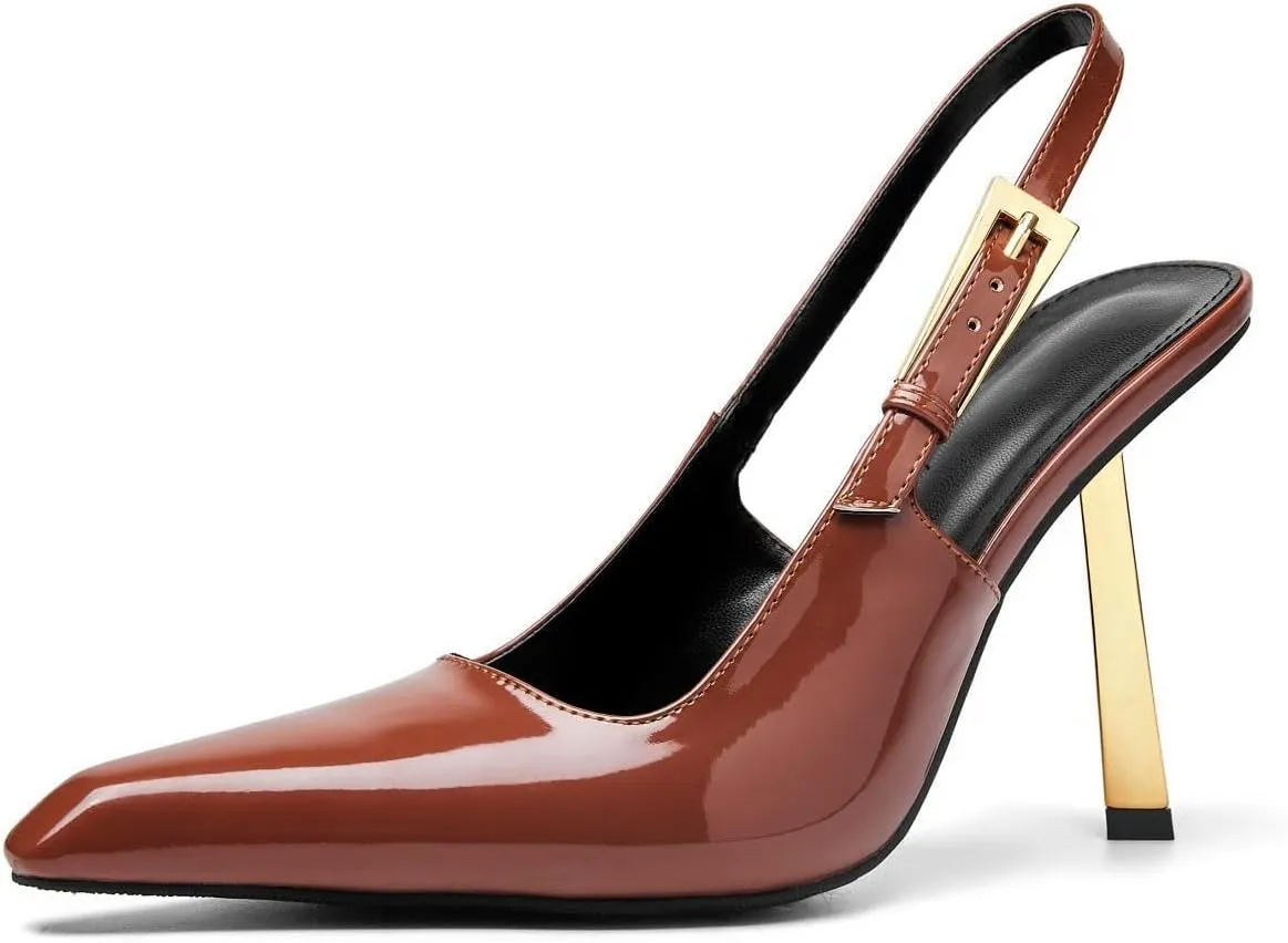 Slingback Pointed Closed Toe Stiletto High Heels Pumps for Women Ankle Strap Metal Buckle Backless Patent Leather Slip-on Banquet Dress Sandals Shoes