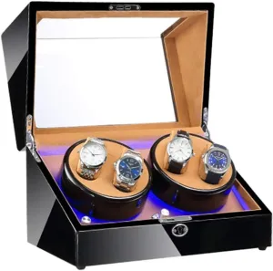 SLM-max Automatic Watch Winder,Automatic Watch Winder Box 4 Built-in LED Light Black Piano Paint Exterior Dual Power Supply Quiet Motor (Color : E)