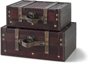 SLPR Wooden Vintage Luggage Trunks - Set of 2, Decorative Antique Suitcase Boxes with Hinged Lids, Old Fashioned Chests for Home and Table Décor