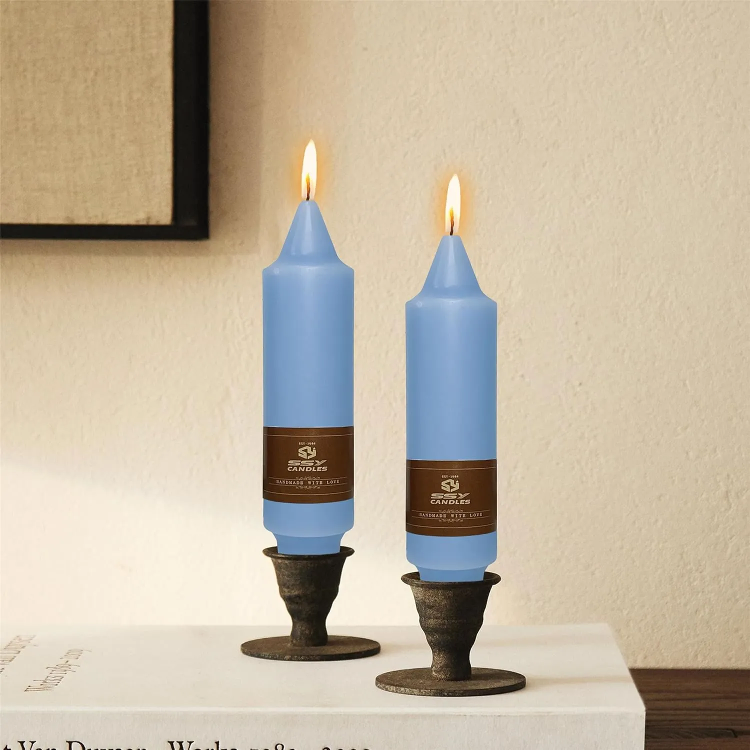 Small Candlesticks Short Taper Candle,5inches Grey Blue Candle Sticks Dripless Tapered Candles for Home Decor Weddings Festive Party Holiday,7D-GB