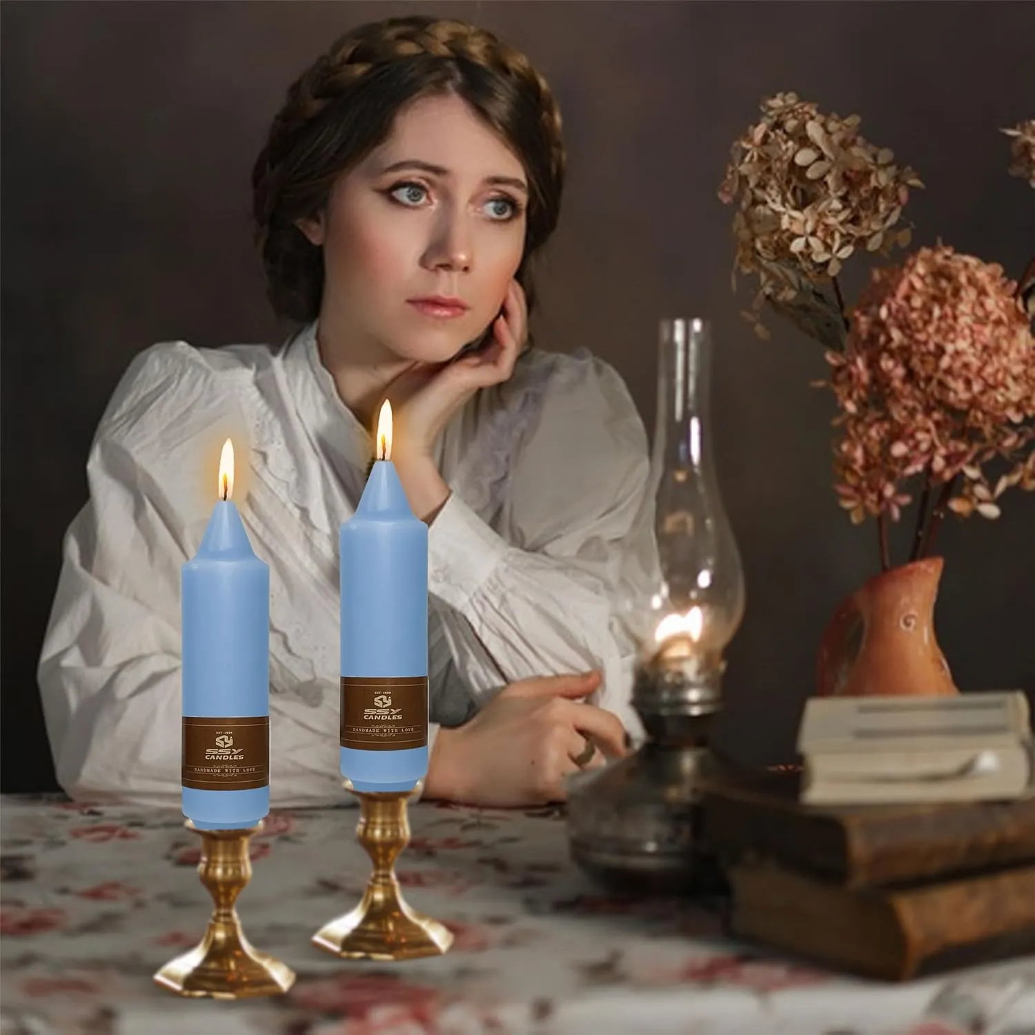 Small Candlesticks Short Taper Candle,5inches Grey Blue Candle Sticks Dripless Tapered Candles for Home Decor Weddings Festive Party Holiday,7D-GB