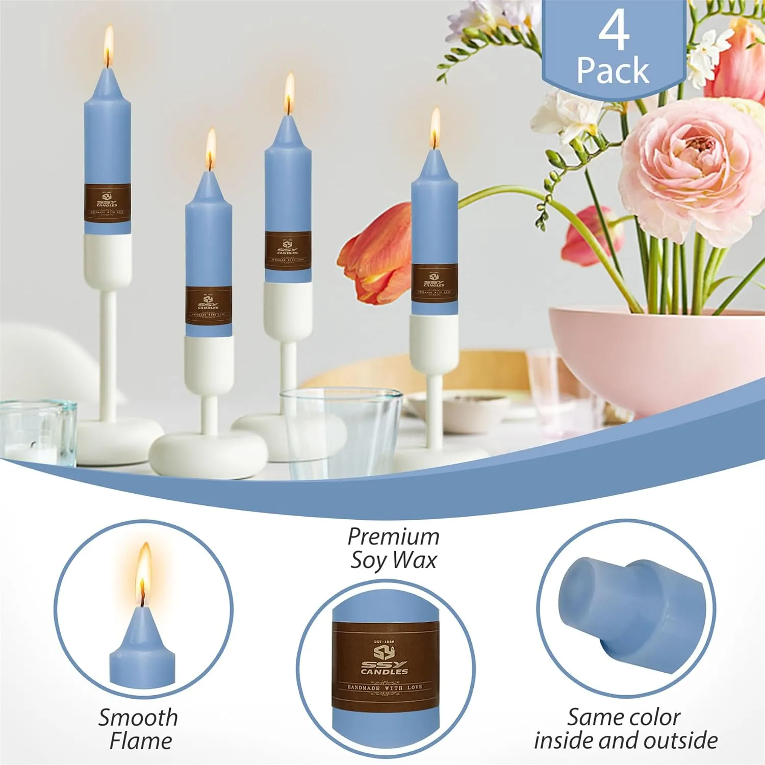 Small Candlesticks Short Taper Candle,5inches Grey Blue Candle Sticks Dripless Tapered Candles for Home Decor Weddings Festive Party Holiday,7D-GB