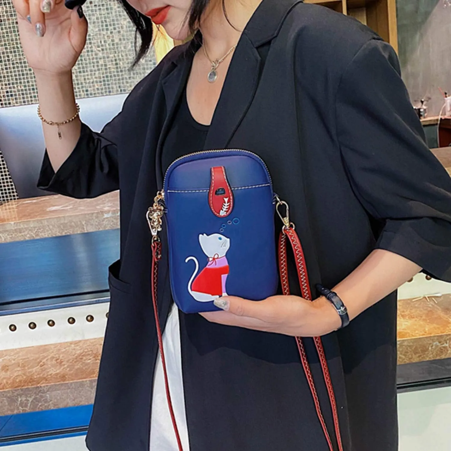 Small Crossbody Bag for Women Leather Lightweight Cute Cat Cell Phone Purse with Crossbody Strap
