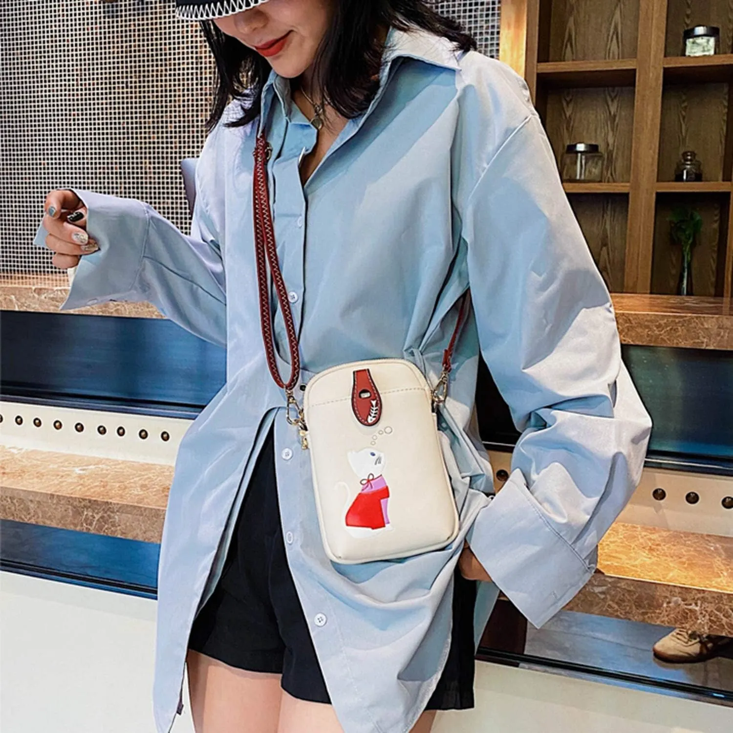 Small Crossbody Bag for Women Leather Lightweight Cute Cat Cell Phone Purse with Crossbody Strap