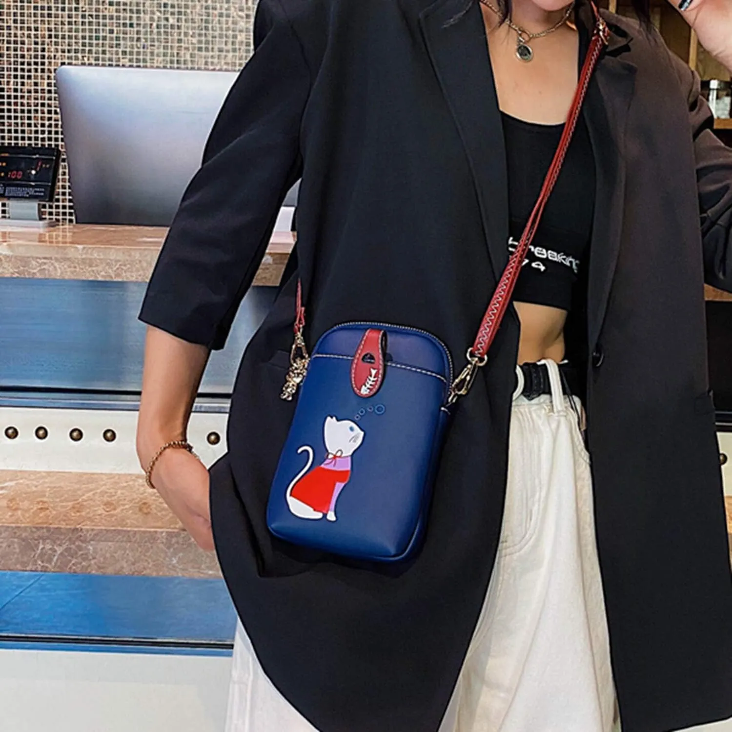 Small Crossbody Bag for Women Leather Lightweight Cute Cat Cell Phone Purse with Crossbody Strap