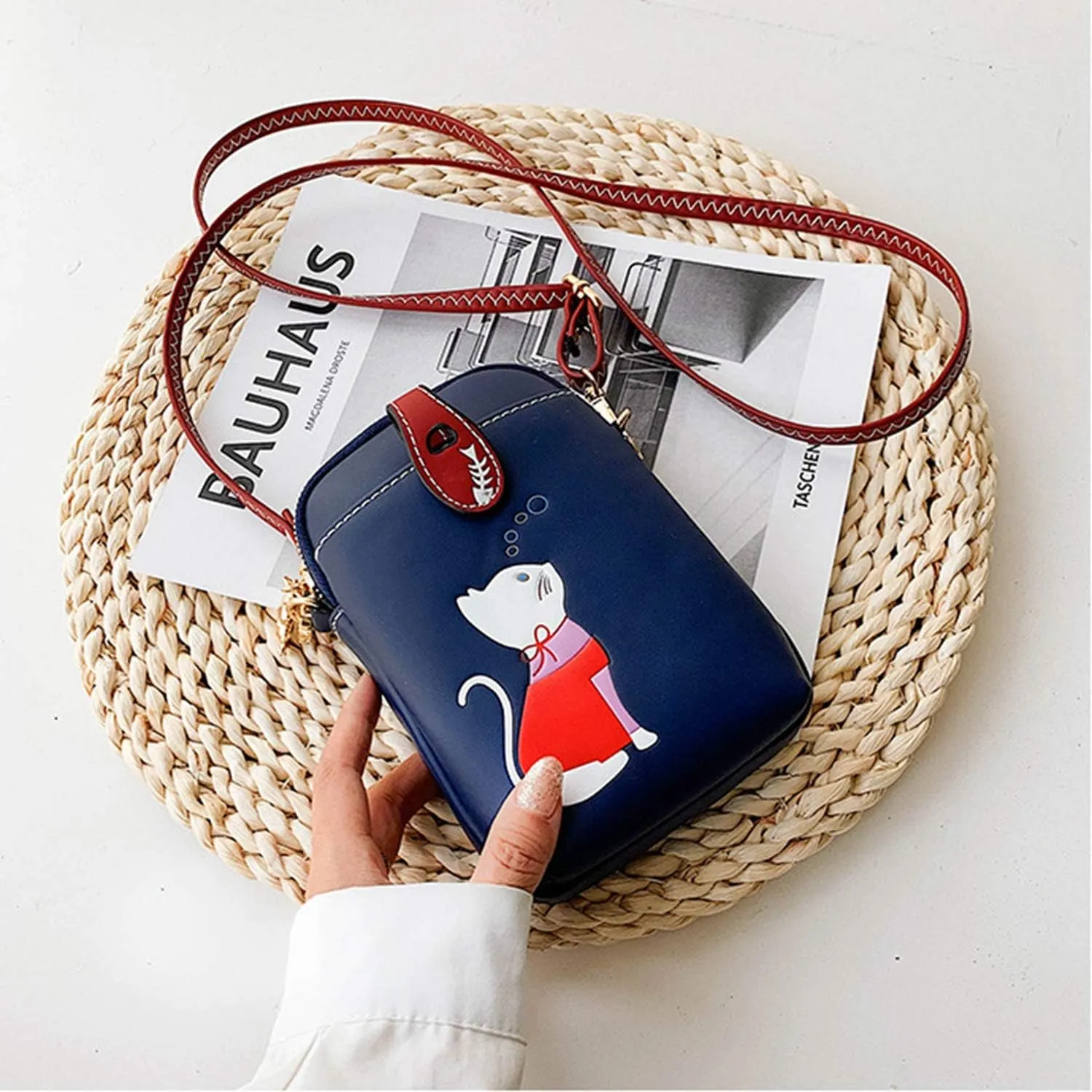 Small Crossbody Bag for Women Leather Lightweight Cute Cat Cell Phone Purse with Crossbody Strap