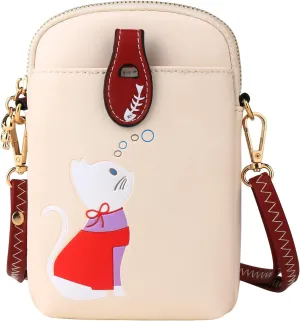 Small Crossbody Bag for Women Leather Lightweight Cute Cat Cell Phone Purse with Crossbody Strap