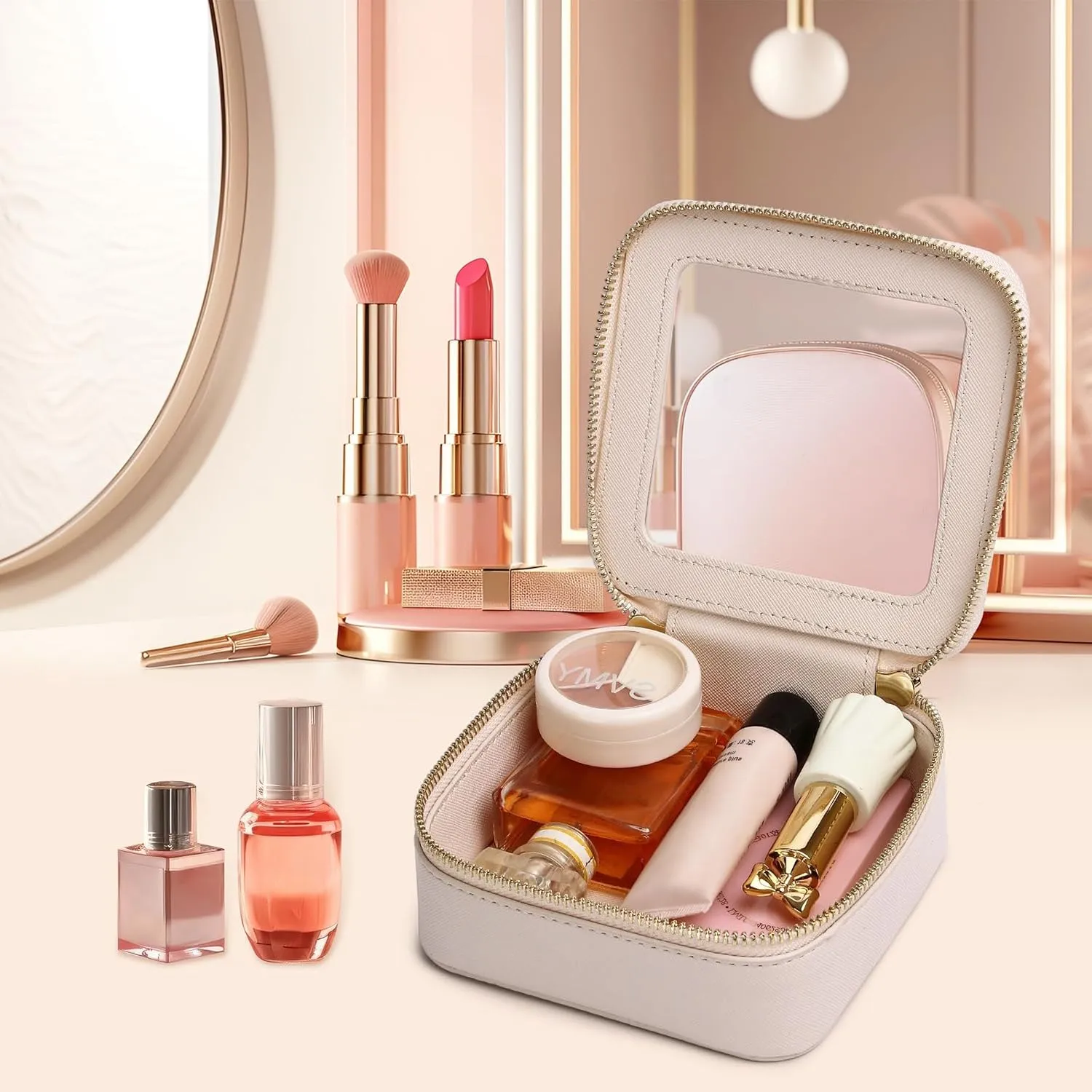 Small Makeup Bag Mini Clear Cosmetic Makeup Case & Toiletry Bag with Zipper Women's Purse Organizer & Car Essentials (Beige, MINI)
