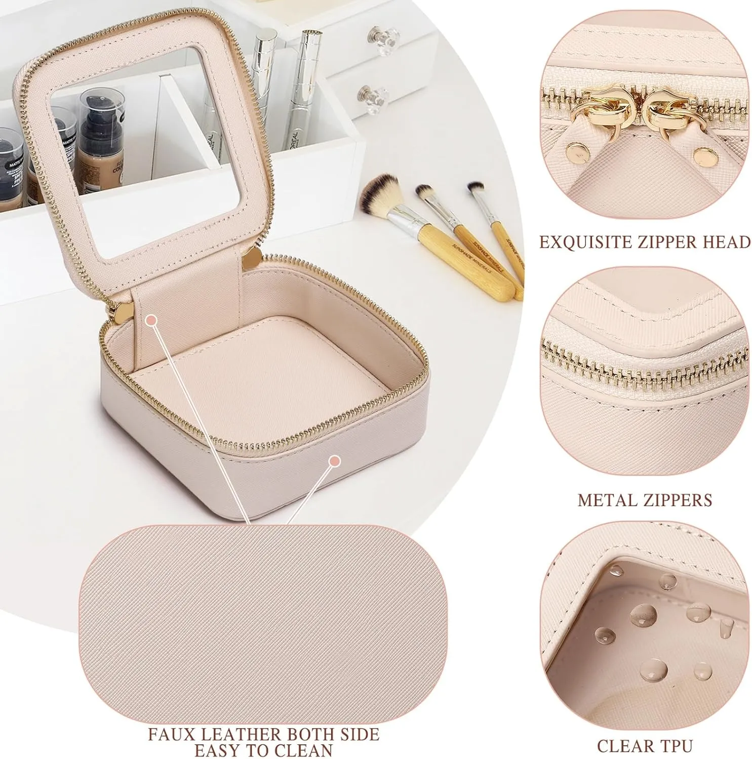 Small Makeup Bag Mini Clear Cosmetic Makeup Case & Toiletry Bag with Zipper Women's Purse Organizer & Car Essentials (Beige, MINI)