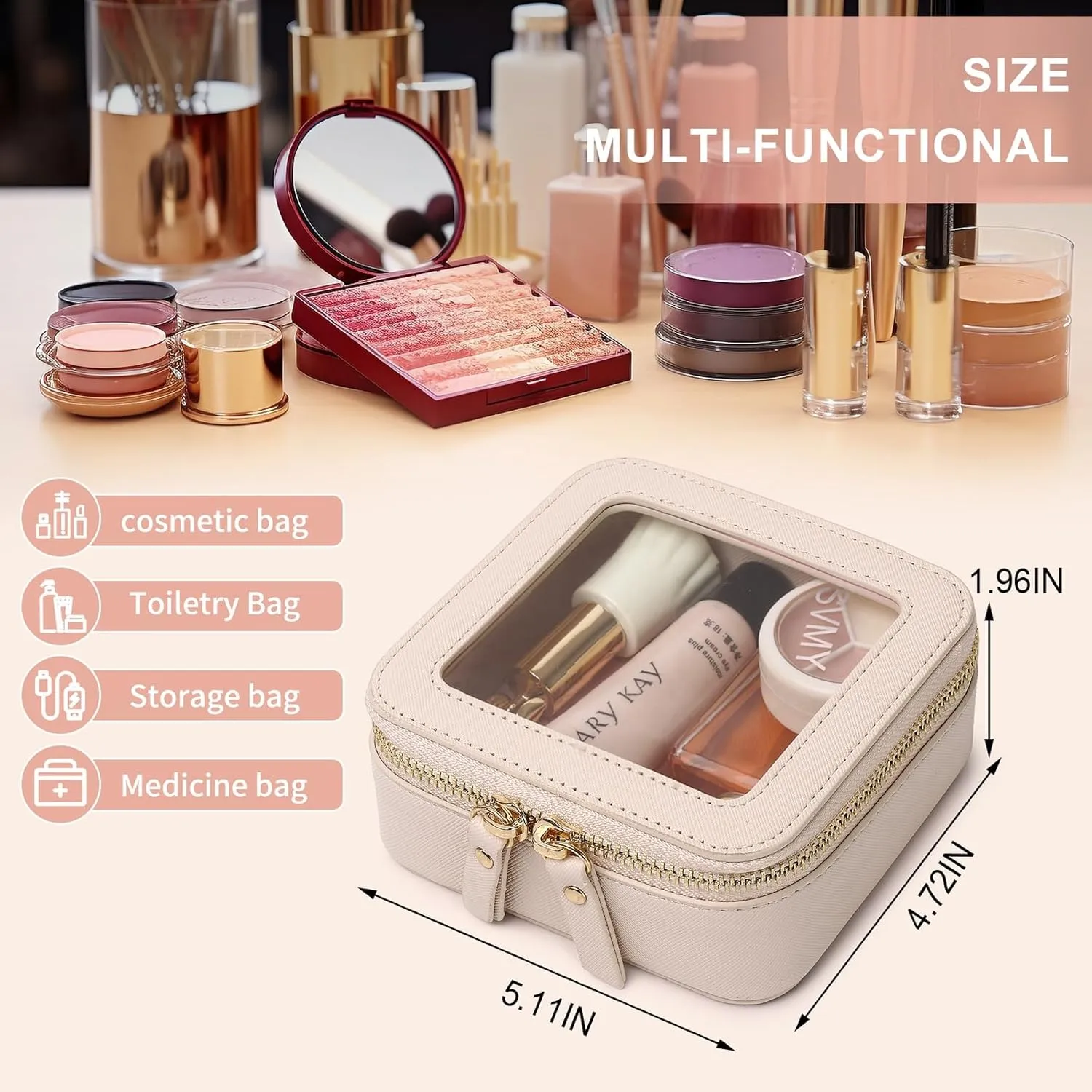 Small Makeup Bag Mini Clear Cosmetic Makeup Case & Toiletry Bag with Zipper Women's Purse Organizer & Car Essentials (Beige, MINI)