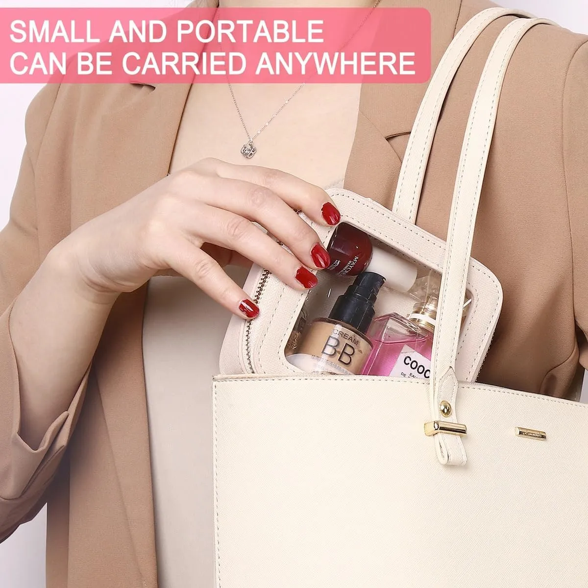 Small Makeup Bag Mini Clear Cosmetic Makeup Case & Toiletry Bag with Zipper Women's Purse Organizer & Car Essentials (Beige, MINI)
