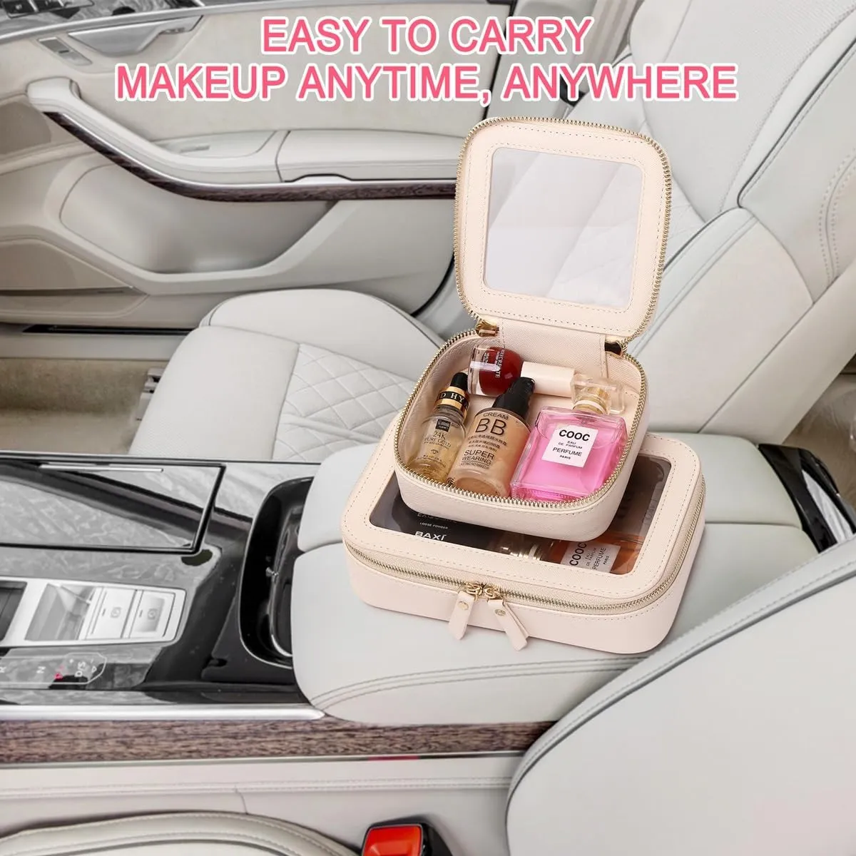 Small Makeup Bag Mini Clear Cosmetic Makeup Case & Toiletry Bag with Zipper Women's Purse Organizer & Car Essentials (Beige, MINI)