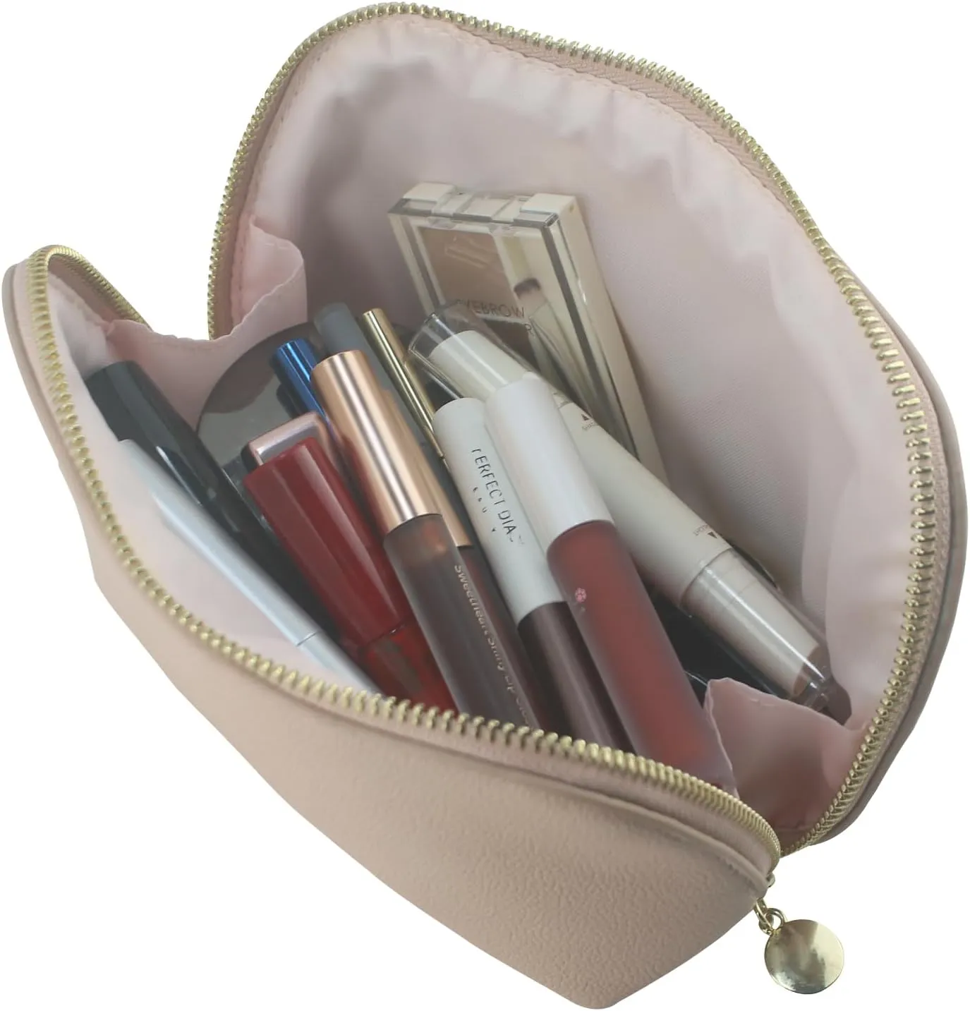 Small Travel Cosmetic Bag Portable Makeup Bag PU Leather Makeup Pouch for Women (PU leather, Light apricot)