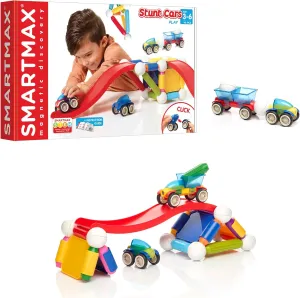 SmartMax Stunt Cars (Basic Stunt) STEM Magnetic Discovery Building Set with Moving Vehicles Featuring Safe, Extra-Strong, Oversized Building Pieces for Ages 3 