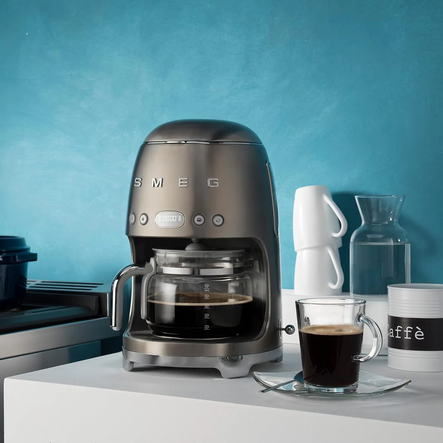 Smeg 50's Retro Style Aesthetic Drip Coffee Machine with 10 Cup Glass Carafe, Auto Start Feature, Keep Warm Plate, and Two Coffee Strength Settings (Brushed Stainless Steel)
