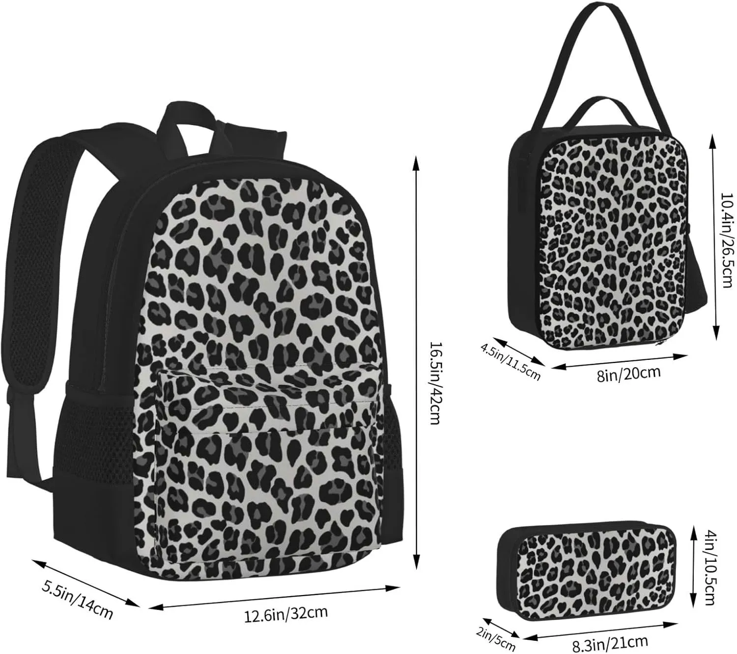Snow Leopard print Multifunctional Pocket Backpack Crossbody Lunch Bag Pencil Case 3Pcs Set Large Capacity Backpack