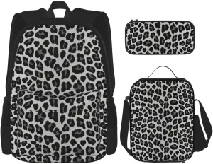 Snow Leopard print Multifunctional Pocket Backpack Crossbody Lunch Bag Pencil Case 3Pcs Set Large Capacity Backpack