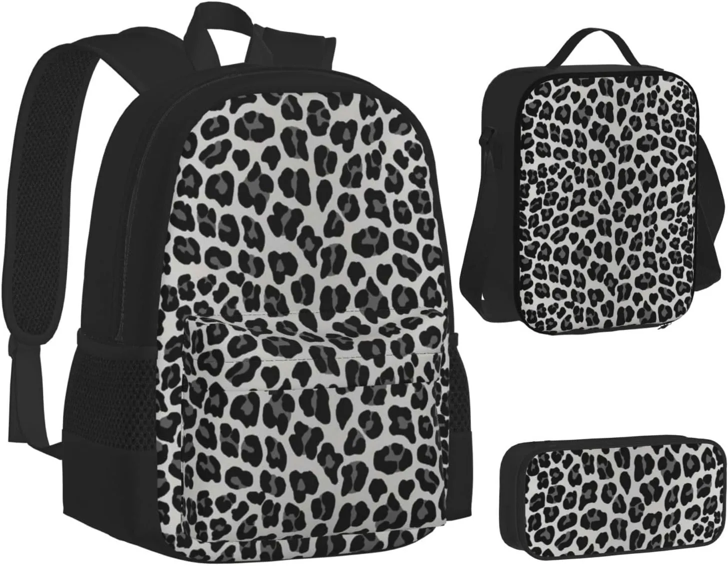 Snow Leopard print Multifunctional Pocket Backpack Crossbody Lunch Bag Pencil Case 3Pcs Set Large Capacity Backpack