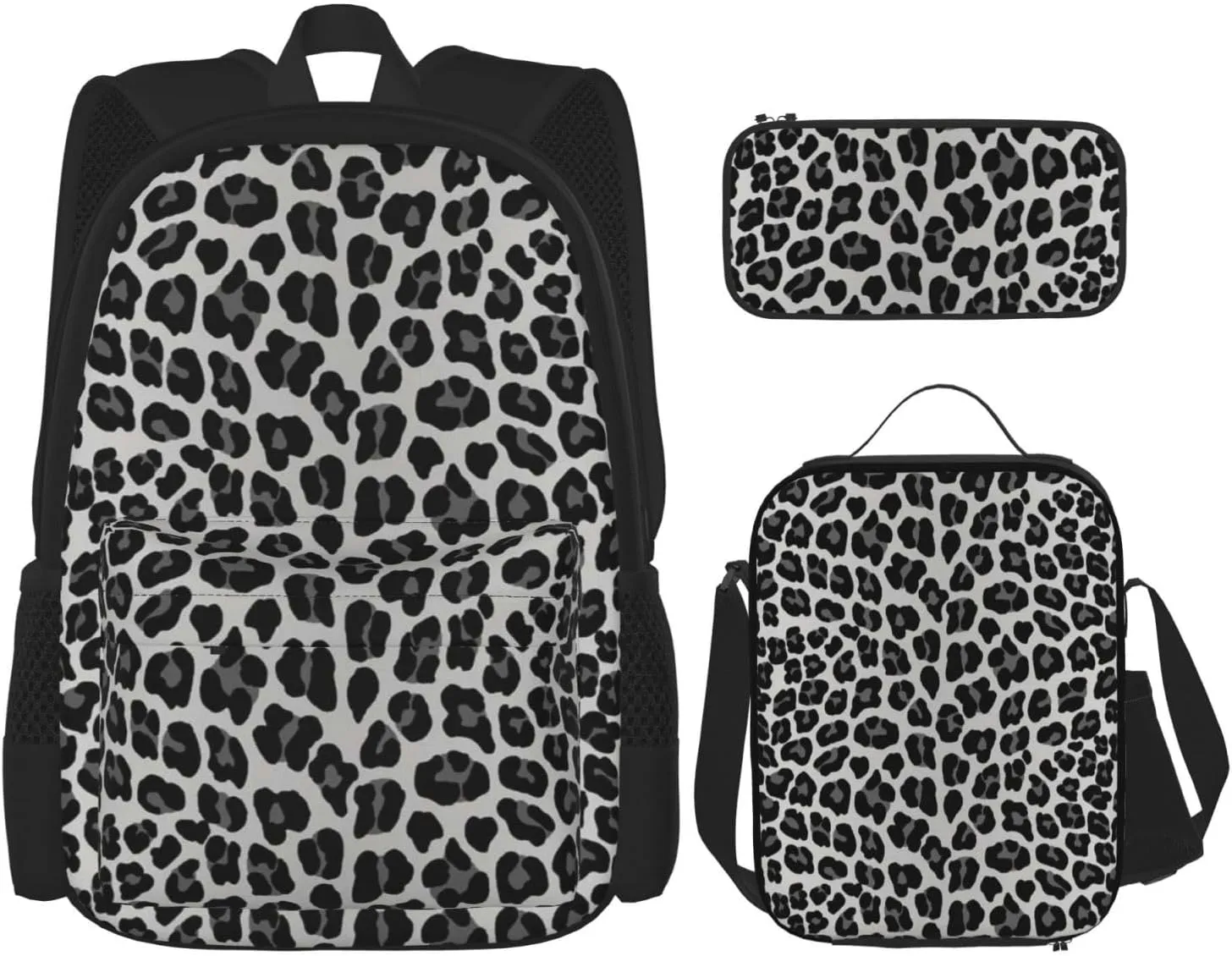 Snow Leopard print Multifunctional Pocket Backpack Crossbody Lunch Bag Pencil Case 3Pcs Set Large Capacity Backpack