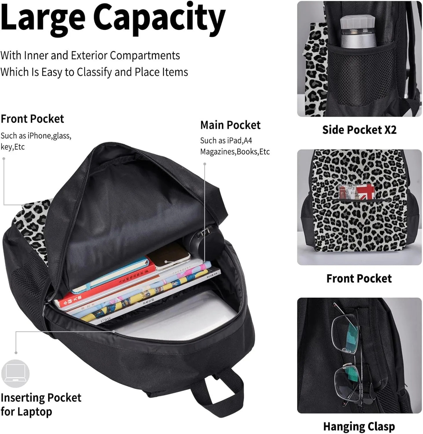 Snow Leopard print Multifunctional Pocket Backpack Crossbody Lunch Bag Pencil Case 3Pcs Set Large Capacity Backpack