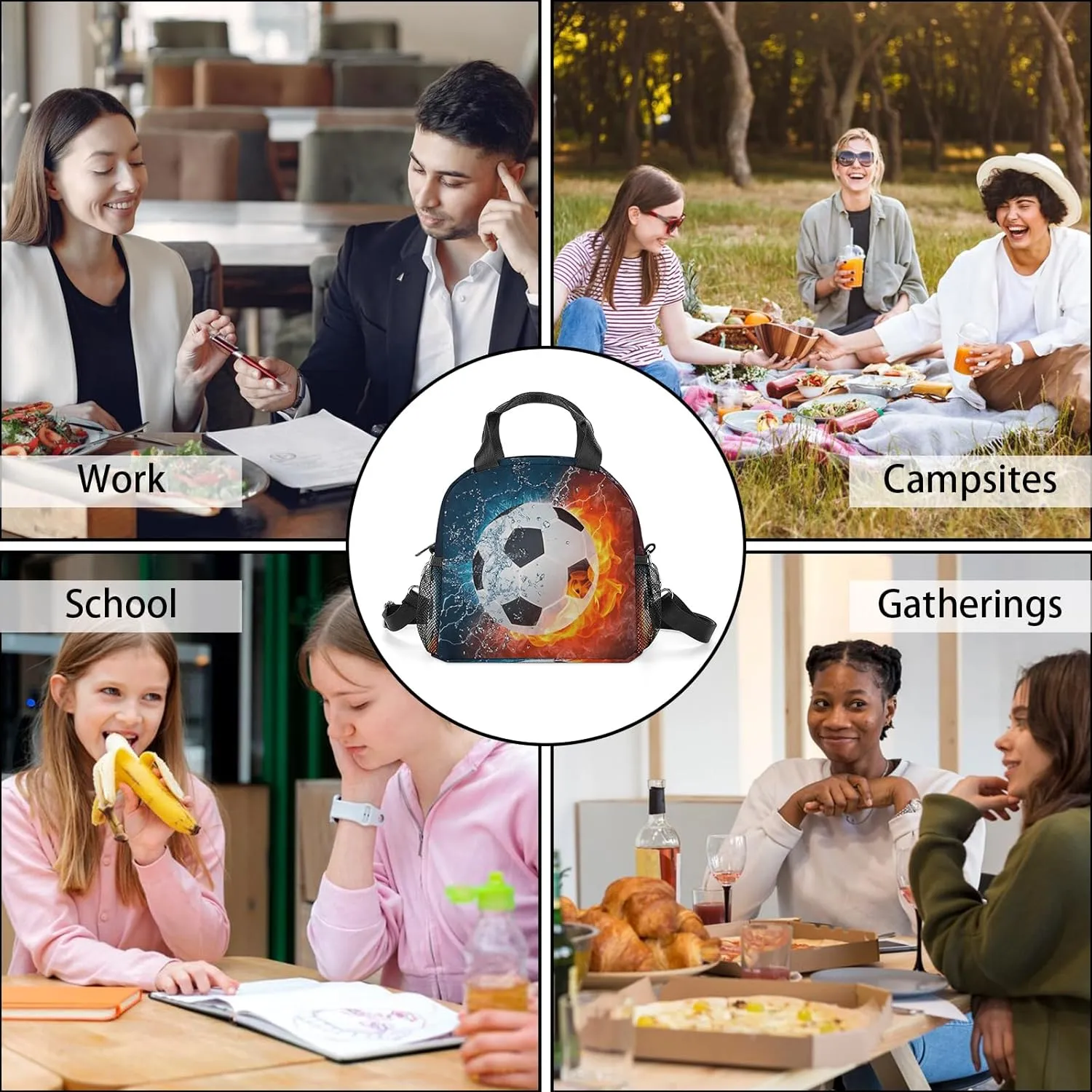 Soccer Lunch Box for Girl Boy,Soccer Lunch tote bag for Student Sports Camping,soccer Lunch Bag for School Work Office Travel Beach Picnic Hiking