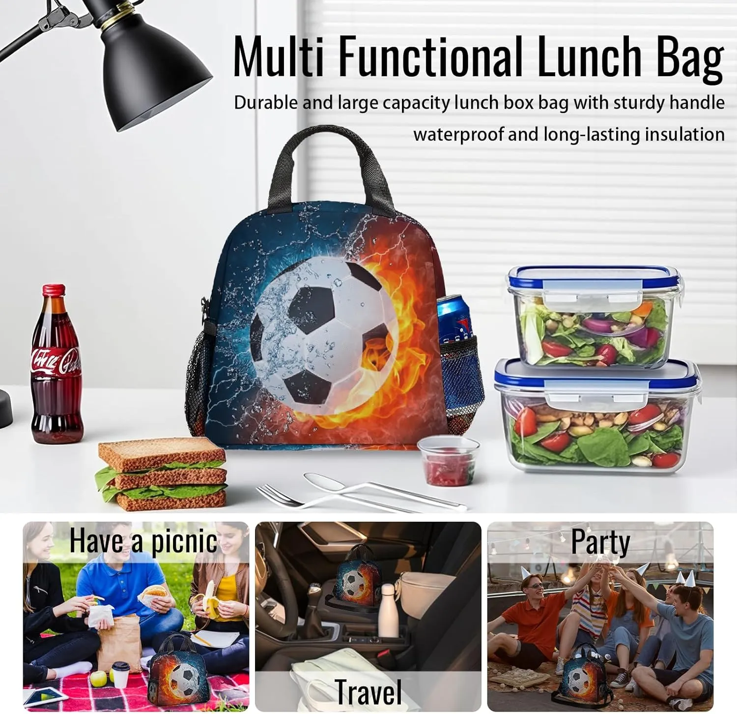 Soccer Lunch Box for Girl Boy,Soccer Lunch tote bag for Student Sports Camping,soccer Lunch Bag for School Work Office Travel Beach Picnic Hiking