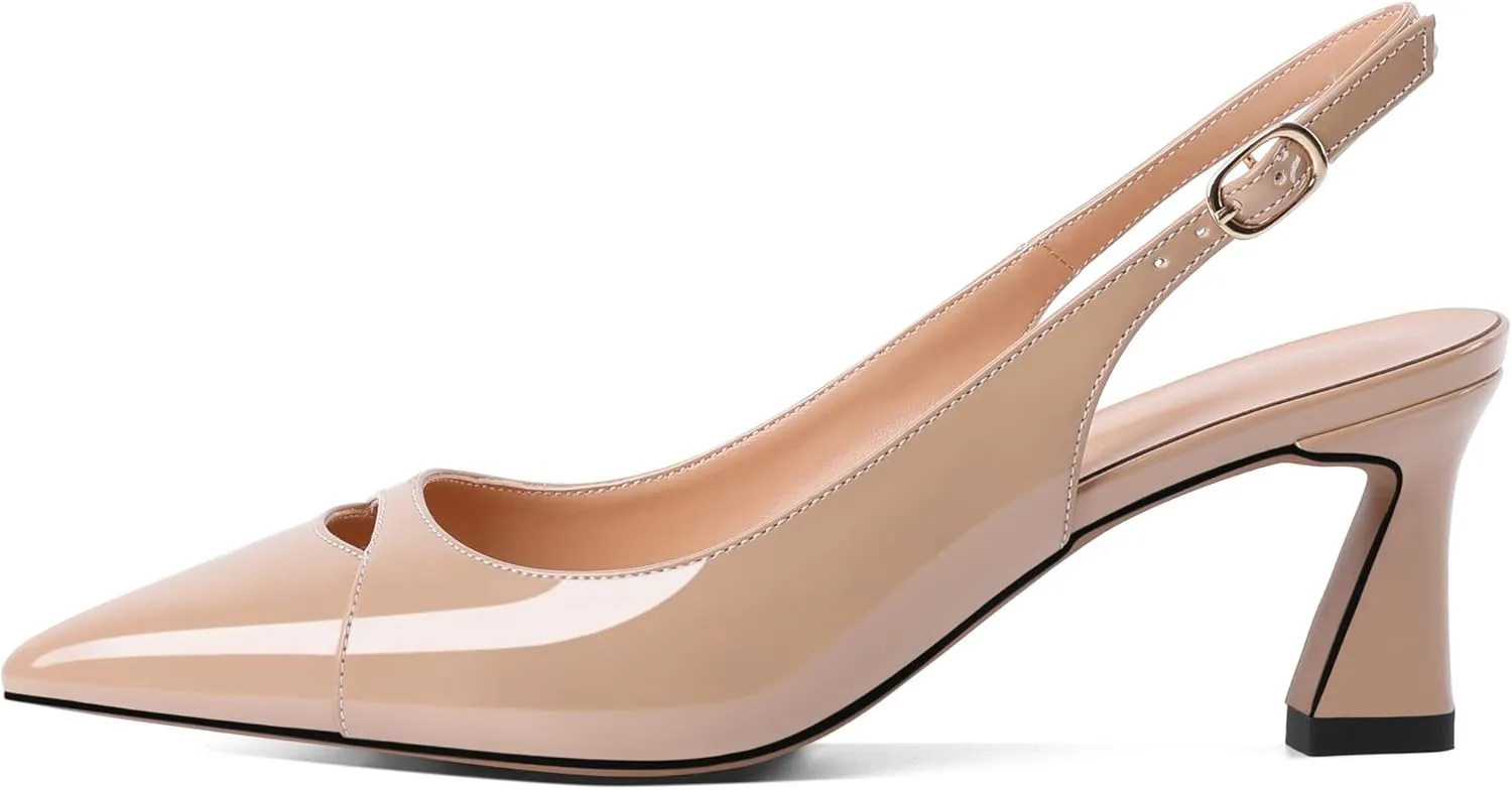 Soireelady Womens Kitten Heels Slingback Low Heel Closed Pointed Toe Pumps Comfort Fashion Dress Shoes Patent Leather 2.5 Inches