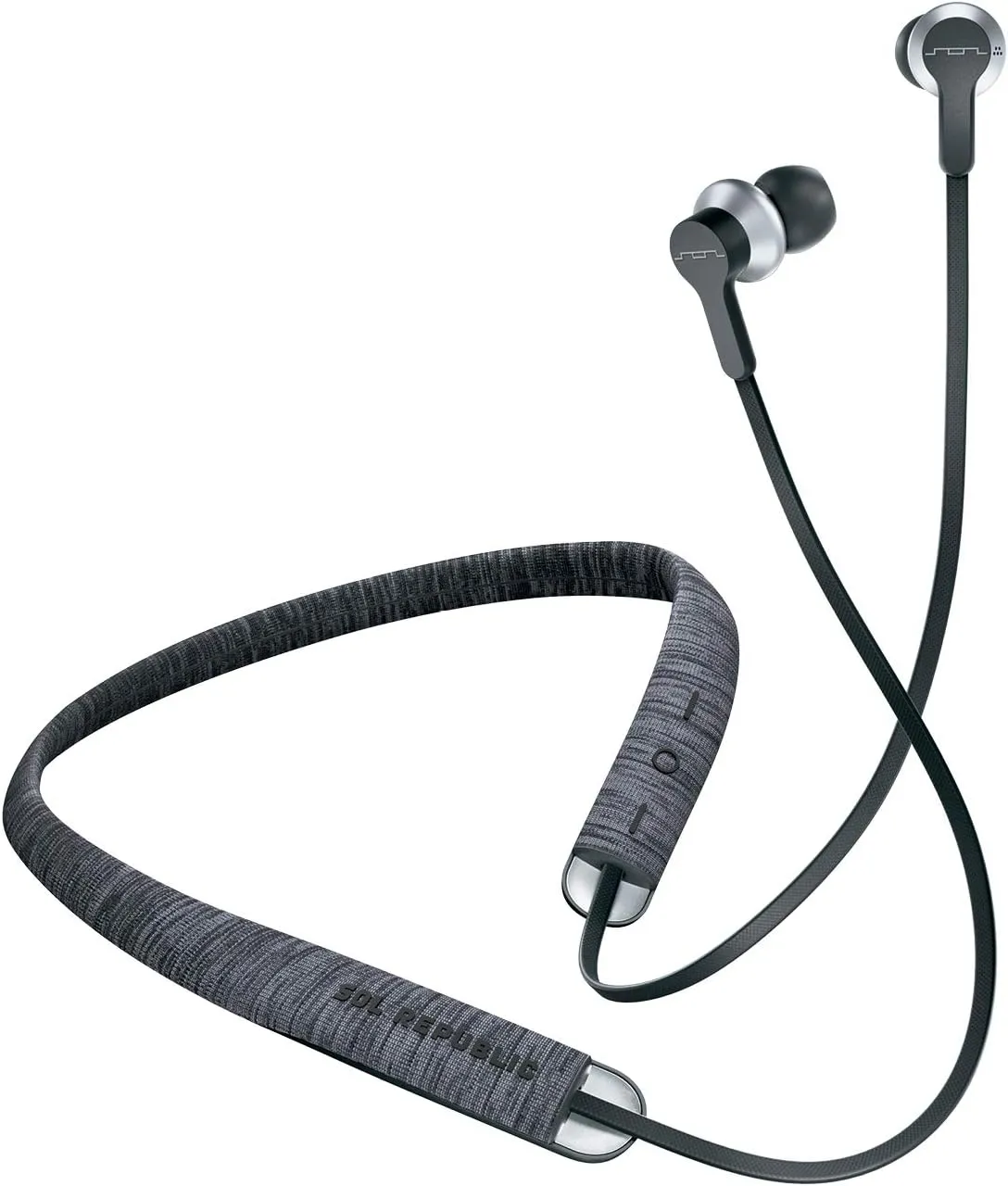 Sol Republic Shadow Fusion Bluetooth Earbuds, Black 10-Hour Playtime Comfortable Knit Tech Fiber Collar Magnetic Connection Earbuds Flexible Compact Storage Convenient Carrying Case