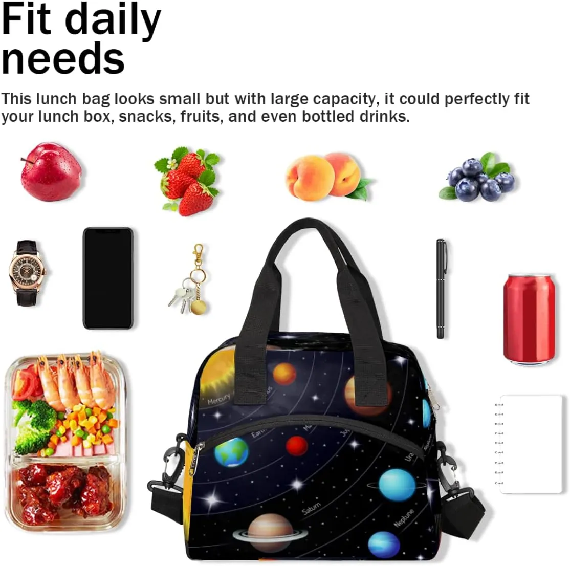 Solar System Planet Insulated Lunch Bag for Women Men Adult Kids Reusable Freezable Lunch Tote Bag Organizer Universe Galaxy Cooler Lunch Box with Adjustable Shoulder Strap for Work School and Picnic