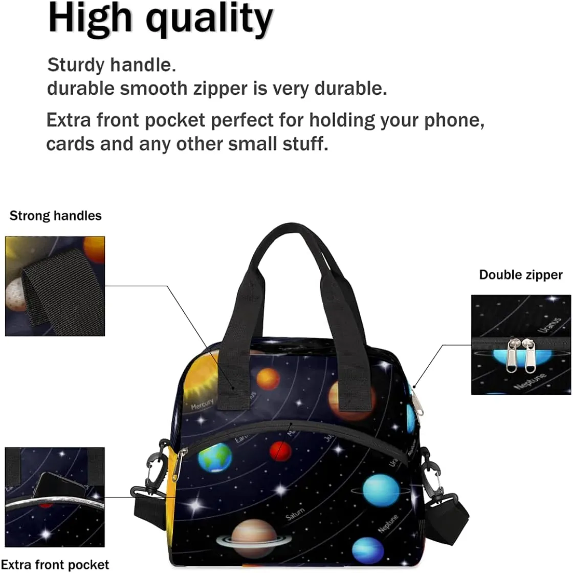 Solar System Planet Insulated Lunch Bag for Women Men Adult Kids Reusable Freezable Lunch Tote Bag Organizer Universe Galaxy Cooler Lunch Box with Adjustable Shoulder Strap for Work School and Picnic