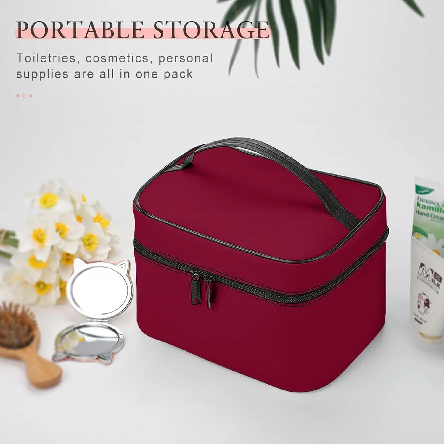 Solid Color Burgundy Maroon Makeup Bag, Portable Travel Cosmetic Case Zipper Toiletry Bag for Women Girls