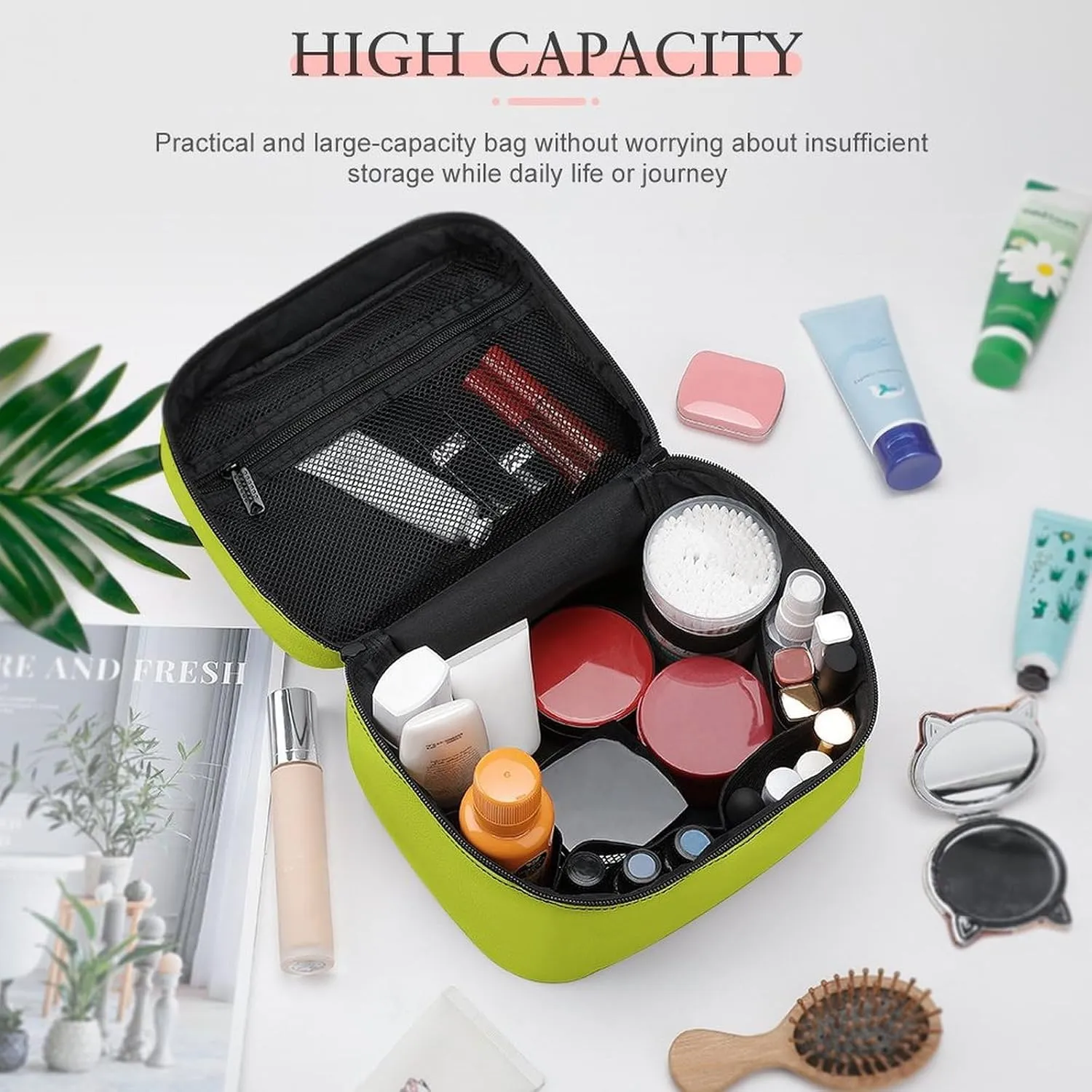 Solid Light Pear Green Makeup Bag, Portable Travel Cosmetic Case Zipper Toiletry Bag for Women Girls