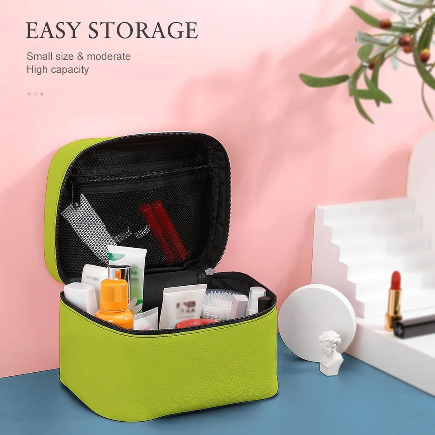 Solid Light Pear Green Makeup Bag, Portable Travel Cosmetic Case Zipper Toiletry Bag for Women Girls