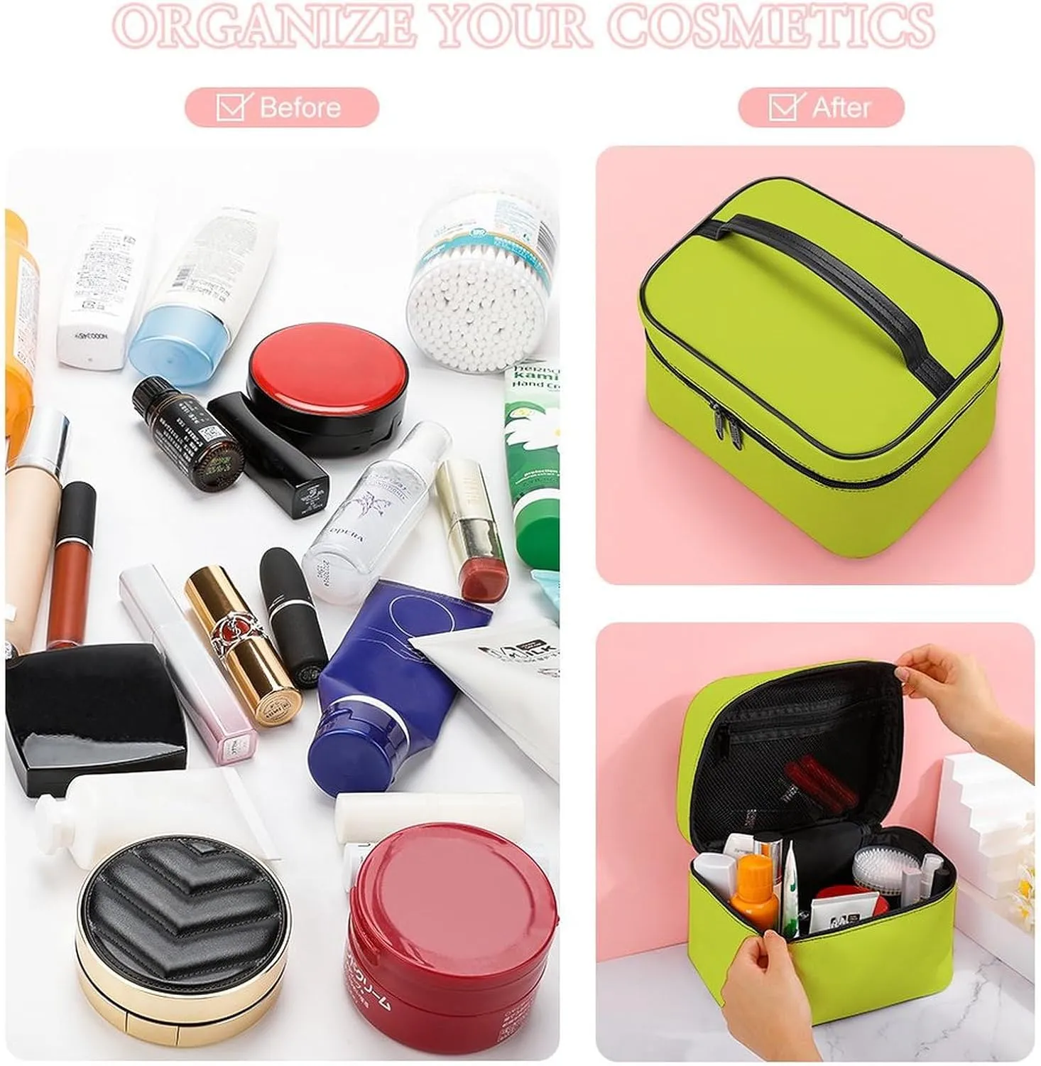 Solid Light Pear Green Makeup Bag, Portable Travel Cosmetic Case Zipper Toiletry Bag for Women Girls