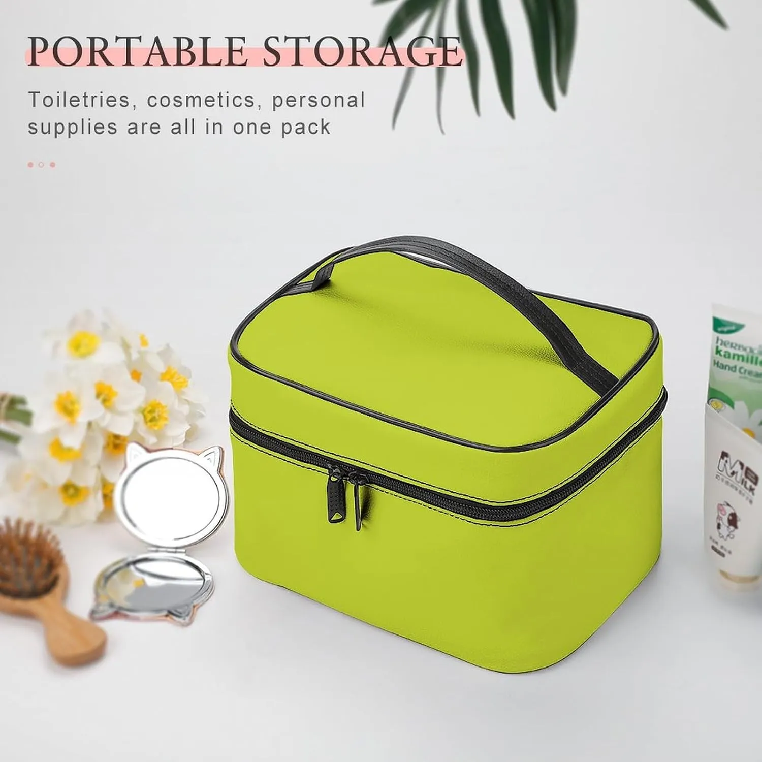 Solid Light Pear Green Makeup Bag, Portable Travel Cosmetic Case Zipper Toiletry Bag for Women Girls