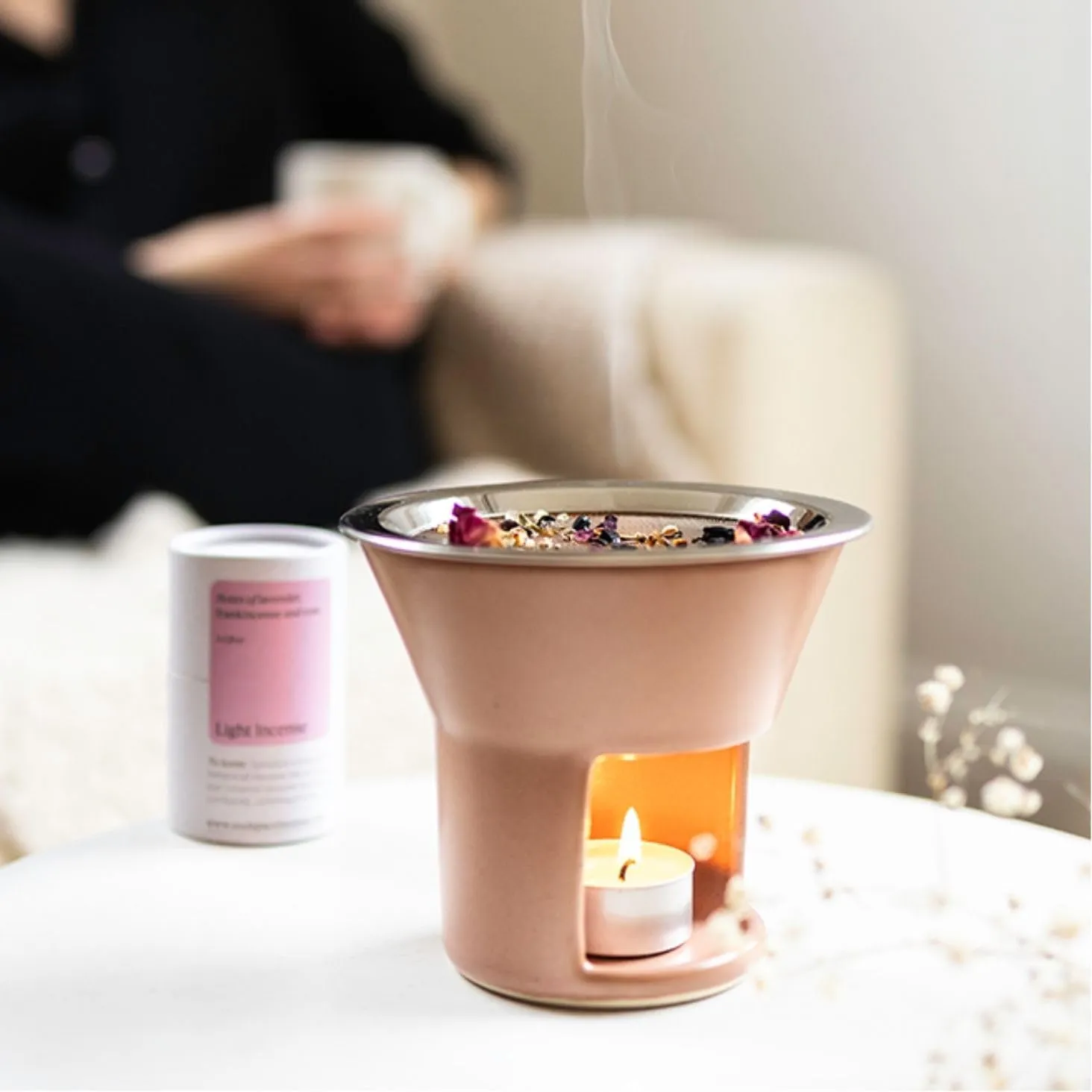 Soul Space Non Toxic Incense Holder/Burner & Incense Blends Starter Bundle| Scent Not Smoke: Zero Ash, Pure Aroma, Low-Smoke - Perfect for Heating Natural and Organic Incense | Color: Blush