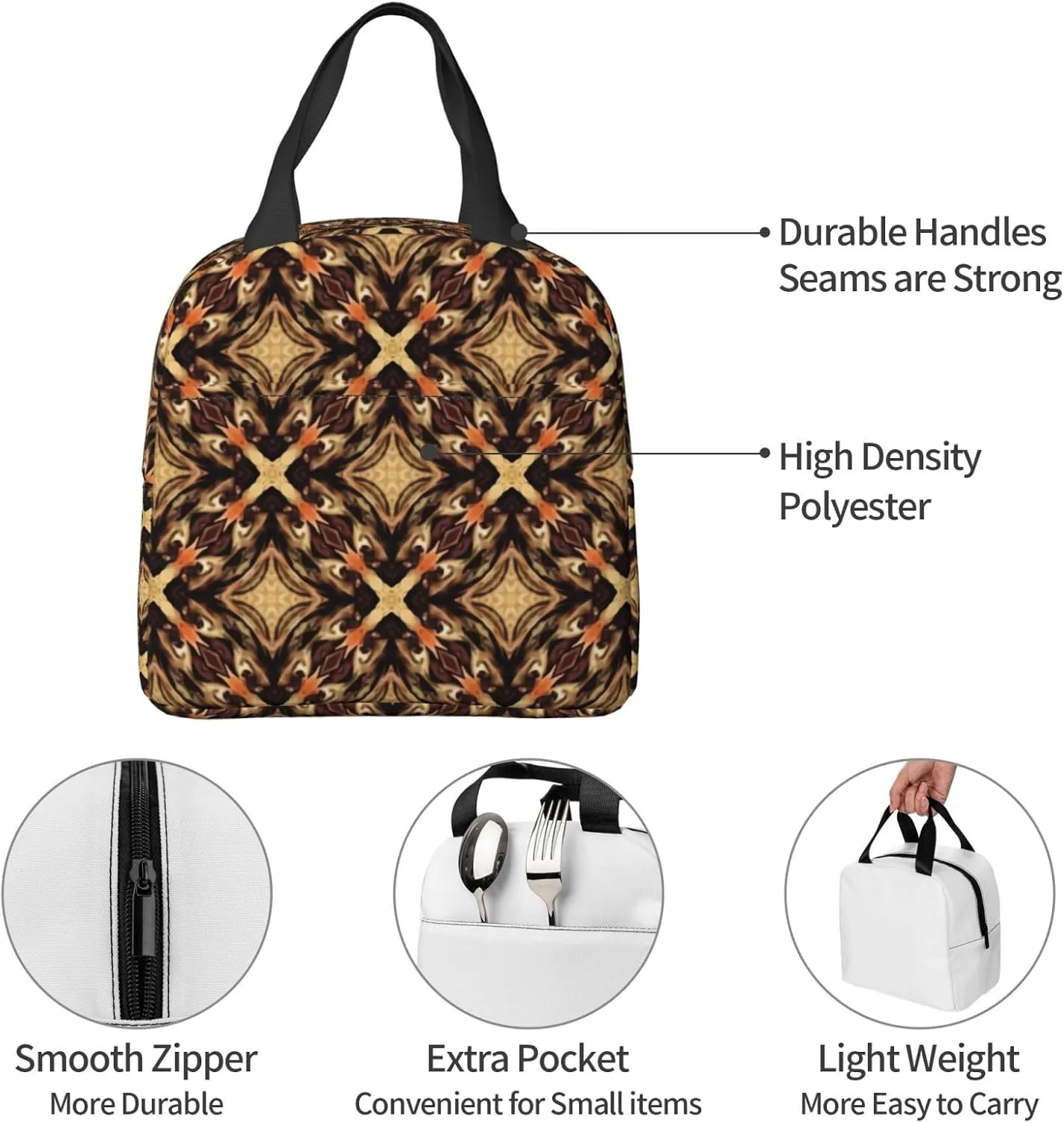 Southeast Asian Style Geometric Patterns Lunch Bag, Large Capacity Reusable Insulated Cooler Lunch Container For Work Office Picnic Or Travel