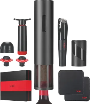 SOW - Electric Wine Opener with Foil Cutter   Wine Aerator Pourer   Vacuum Pump, 2 Wine Saver Stoppers and Champagne Stopper   Beer/Soda Opener   2 Leather Coasters - (Mother's Day Gift Kit)