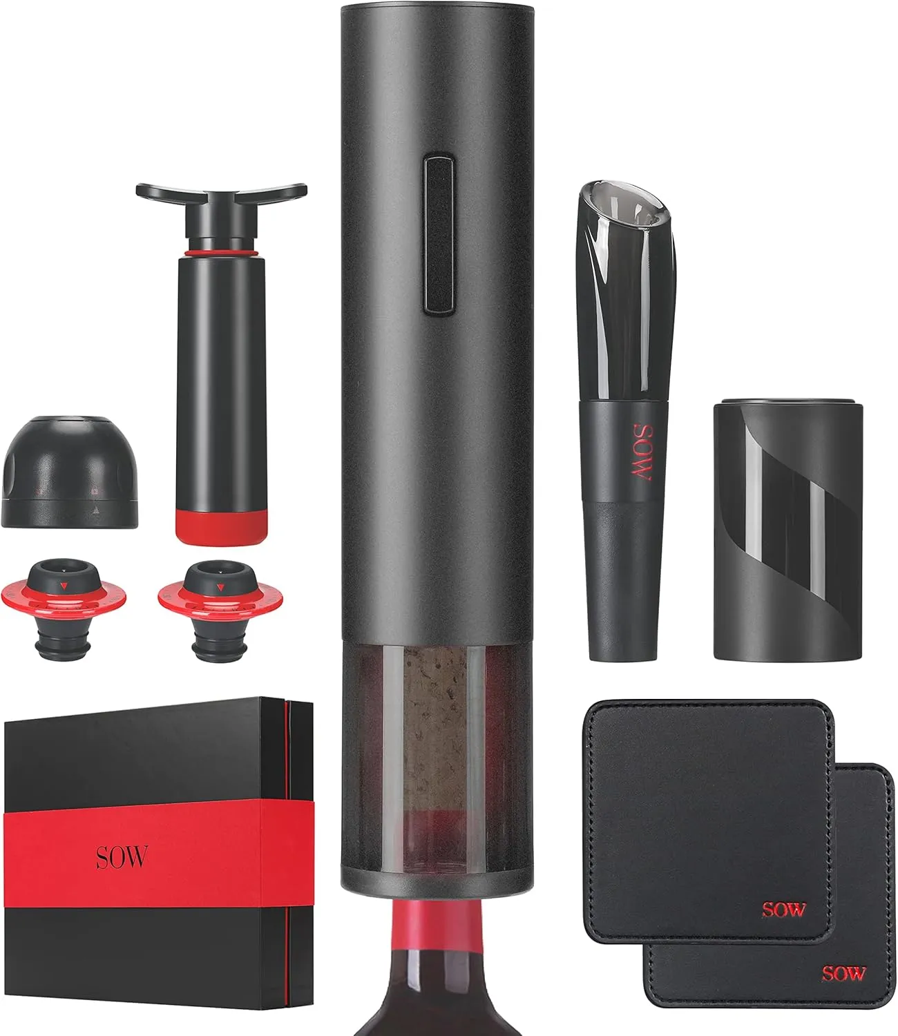SOW - Electric Wine Opener with Foil Cutter   Wine Aerator Pourer   Vacuum Pump, 2 Wine Saver Stoppers and Champagne Stopper   Beer/Soda Opener   2 Leather Coasters - (Mother's Day Gift Kit)