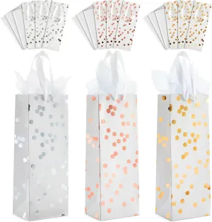 Sparkle and Bash 12 Pack Elegant Polka Dot Foil Wine Gift Bags with Ribbon Handles and Tissue Paper for Wine Bottles, Liquor, Champagne, Sparkling Cider (3 Designs, 13.8x5x4 in) - Champagne Gift Bag