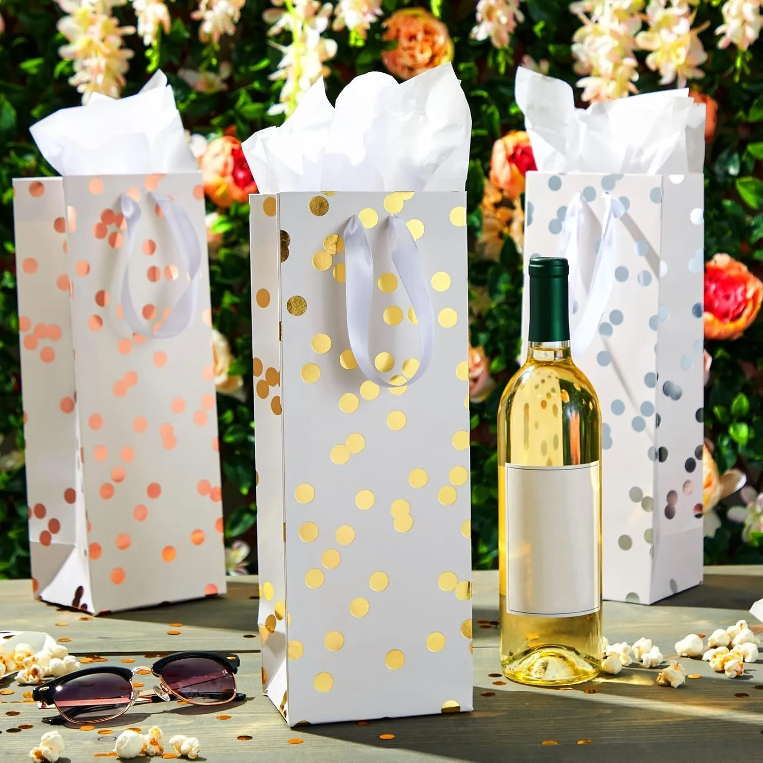 Sparkle and Bash 12 Pack Elegant Polka Dot Foil Wine Gift Bags with Ribbon Handles and Tissue Paper for Wine Bottles, Liquor, Champagne, Sparkling Cider (3 Designs, 13.8x5x4 in) - Champagne Gift Bag